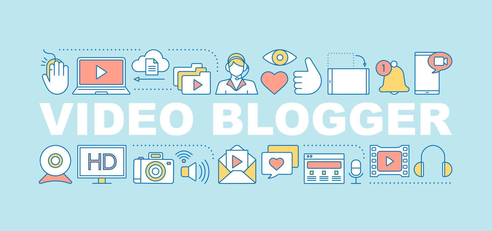 Video blogging word concepts banner. Vlog. Social media. Video hosting. Isolated lettering typography idea with linear icons. Streaming. Online communication. Vector outline illustration