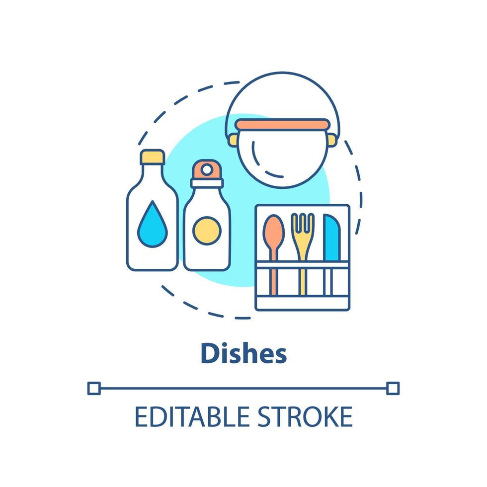 Dishes concept icon. Things to pack for evacuation and hiking. Survival bag abstract idea thin line illustration. Isolated outline drawing. Editable stroke. vector