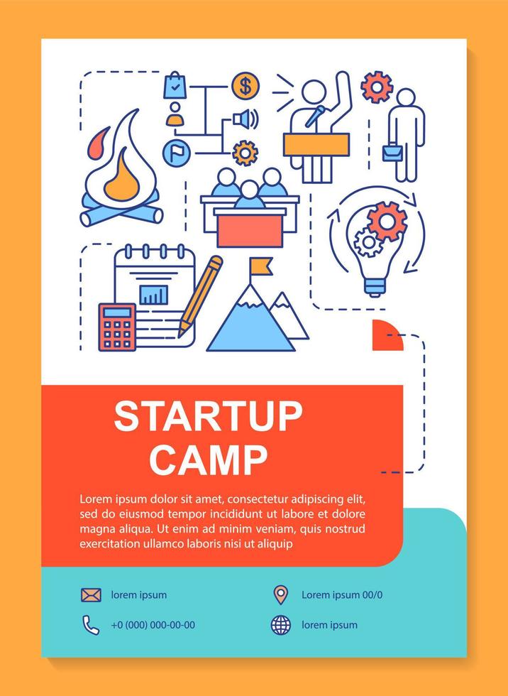 Startup camp, new business training brochure template layout. Flyer, booklet, leaflet print design with linear illustrations. Vector page layouts for magazines, annual reports, advertising posters