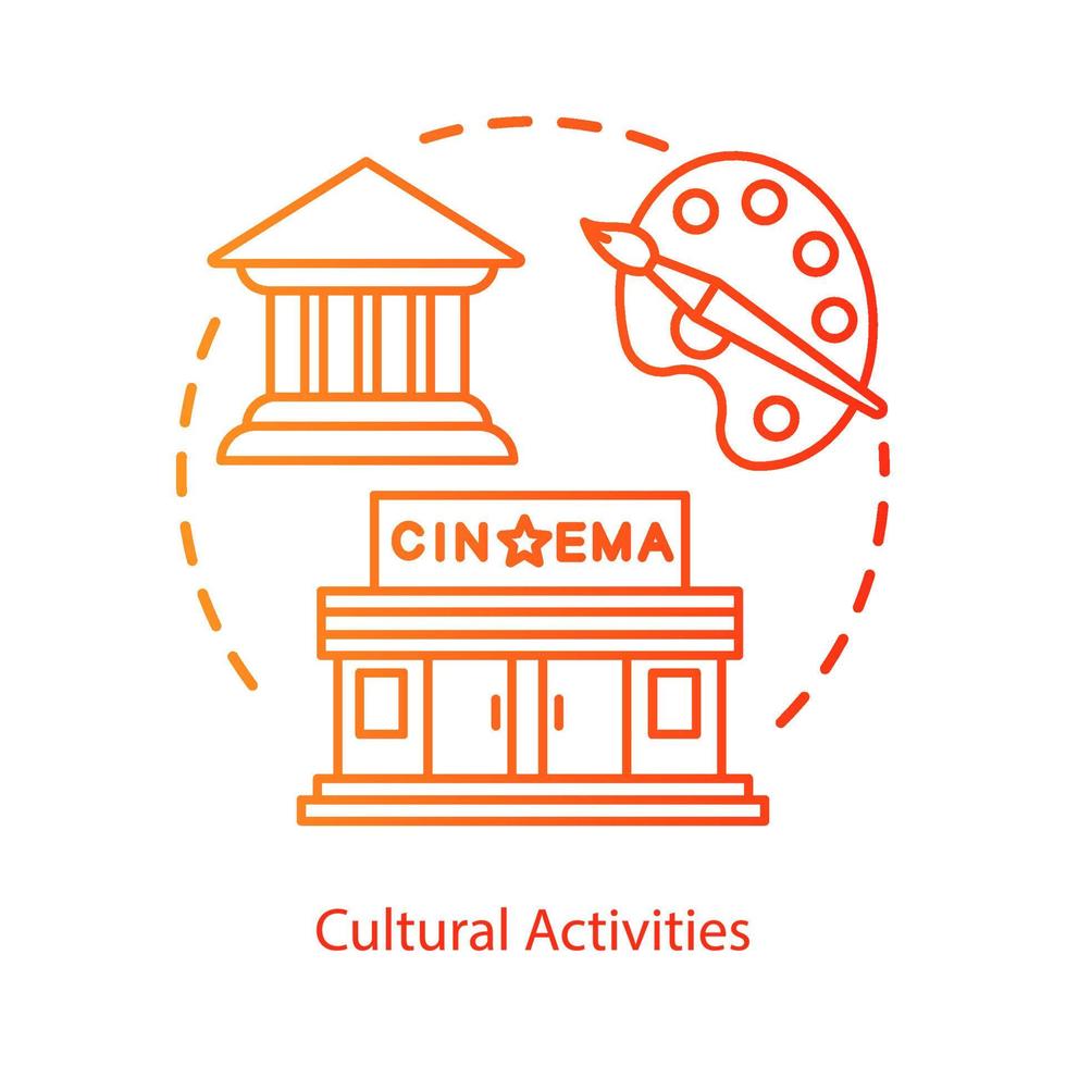 Leisure and entertainment concept icon. Cultural activities, pastime idea thin line illustration. Visiting cinema, city sightseeing tour. Vector isolated outline drawing. Editable stroke..