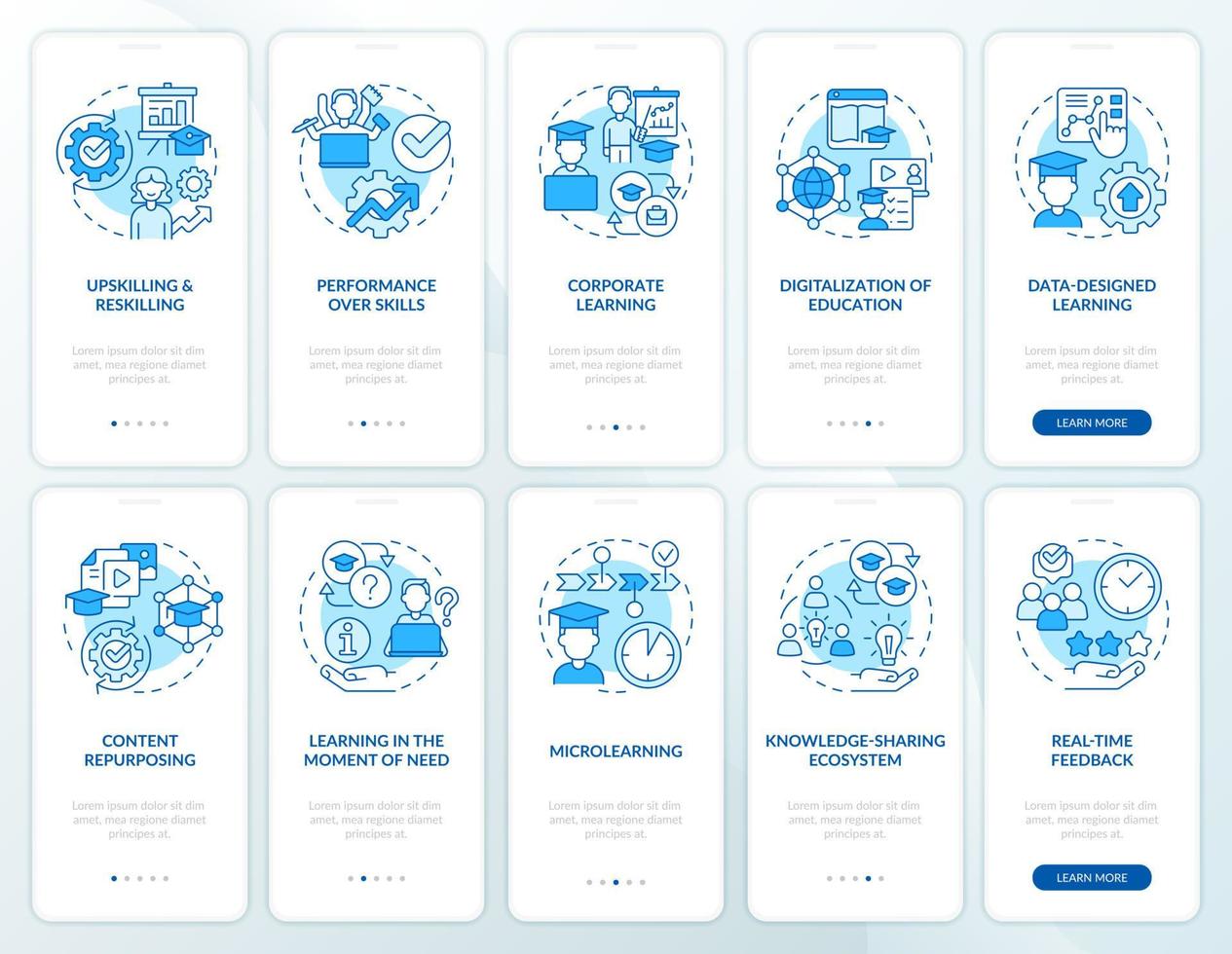 habilidades emergentes para profesionales conjunto de pantalla de aplicación móvil de incorporación azul. tutorial 5 pasos páginas de instrucciones gráficas con conceptos lineales. interfaz de usuario, ux, plantilla de interfaz gráfica de usuario. vector