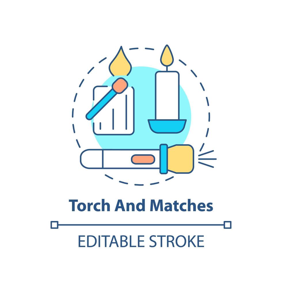 Torch and matches concept icon. Things to pack for evacuation. Emergency preparedness abstract idea thin line illustration. Isolated outline drawing. Editable stroke. vector