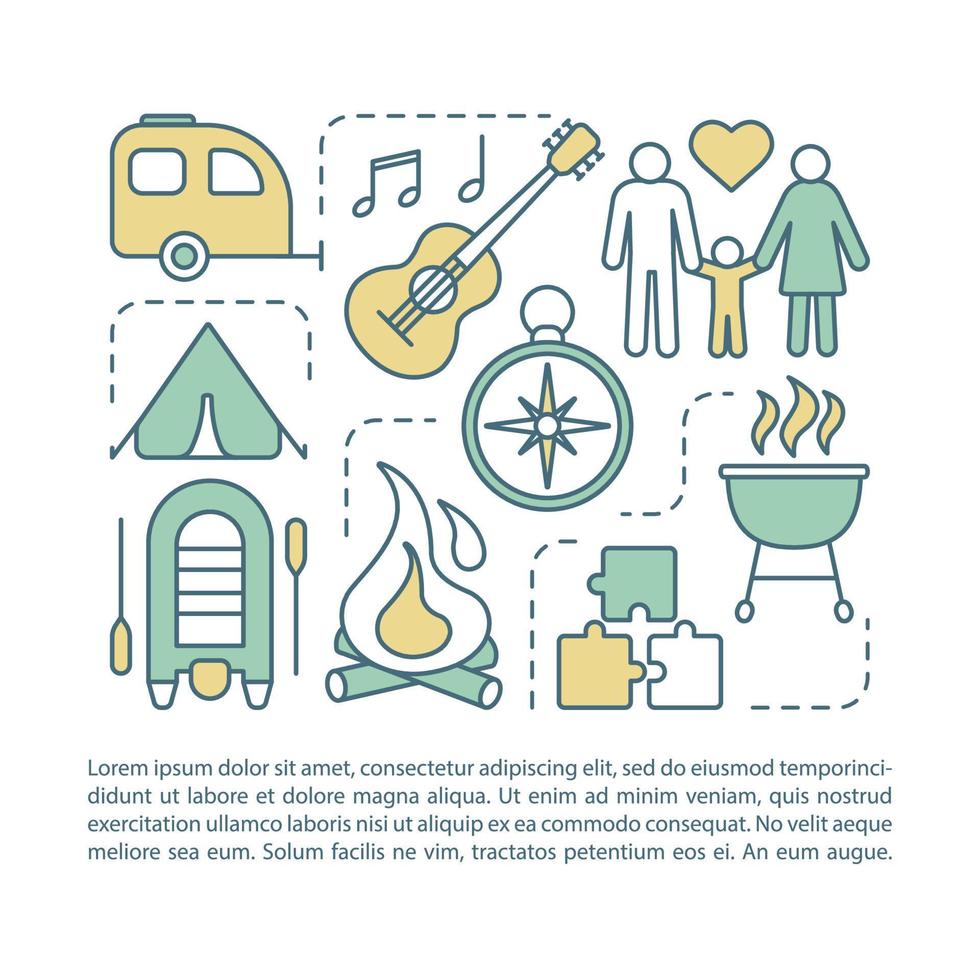 Family, parenthood camp article page vector template. Brochure, magazine, booklet design element with linear icons and text boxes. Print design. Concept illustrations with text space
