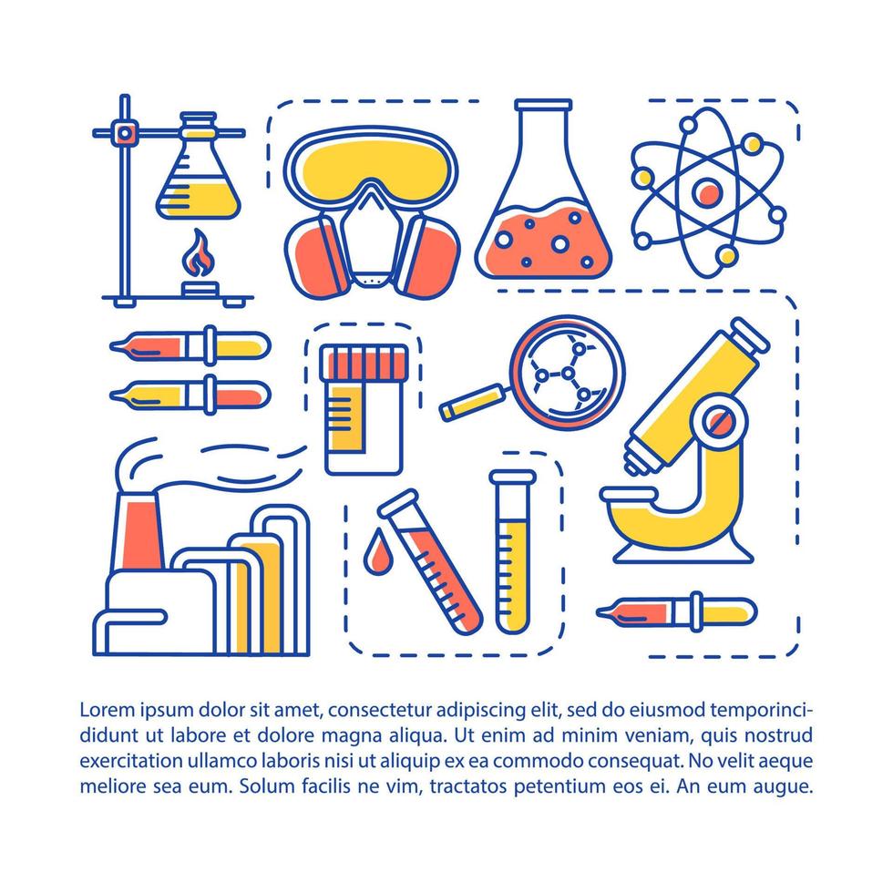 Chemicals industry article page vector template. Scientificresearch. Brochure, magazine, booklet design element with linear icons and text boxes. Print design. Concept illustrations with text space