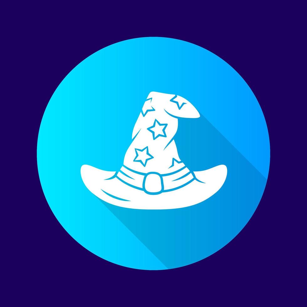 Wizard hat blue flat design long shadow glyph icon. Witch magic cap. Magician, sorceress cap. Halloween costume. Witchcraft, sorcery fantasy item. Wicked wizard object. Vector silhouette illustration