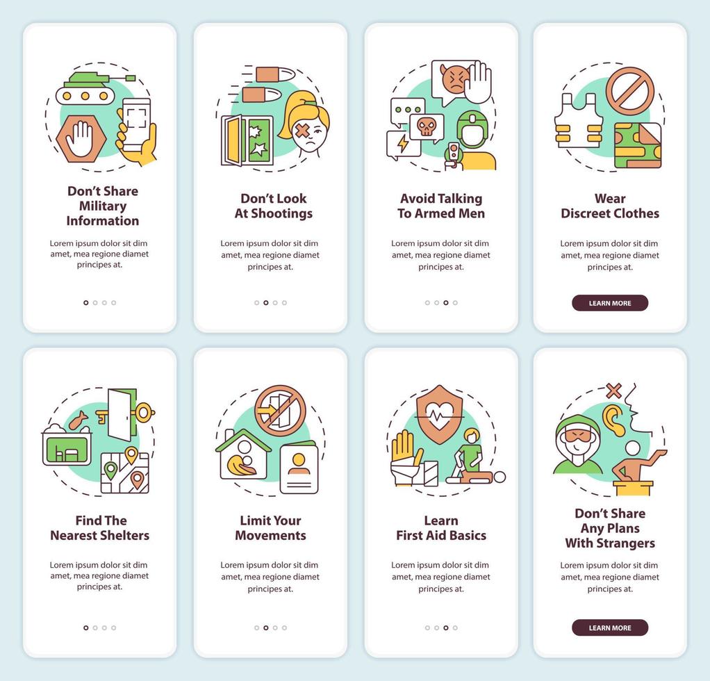 Actions during military conflict onboarding mobile app screen set. Safety walkthrough 4 steps graphic instructions pages with linear concepts. UI, UX, GUI template. vector