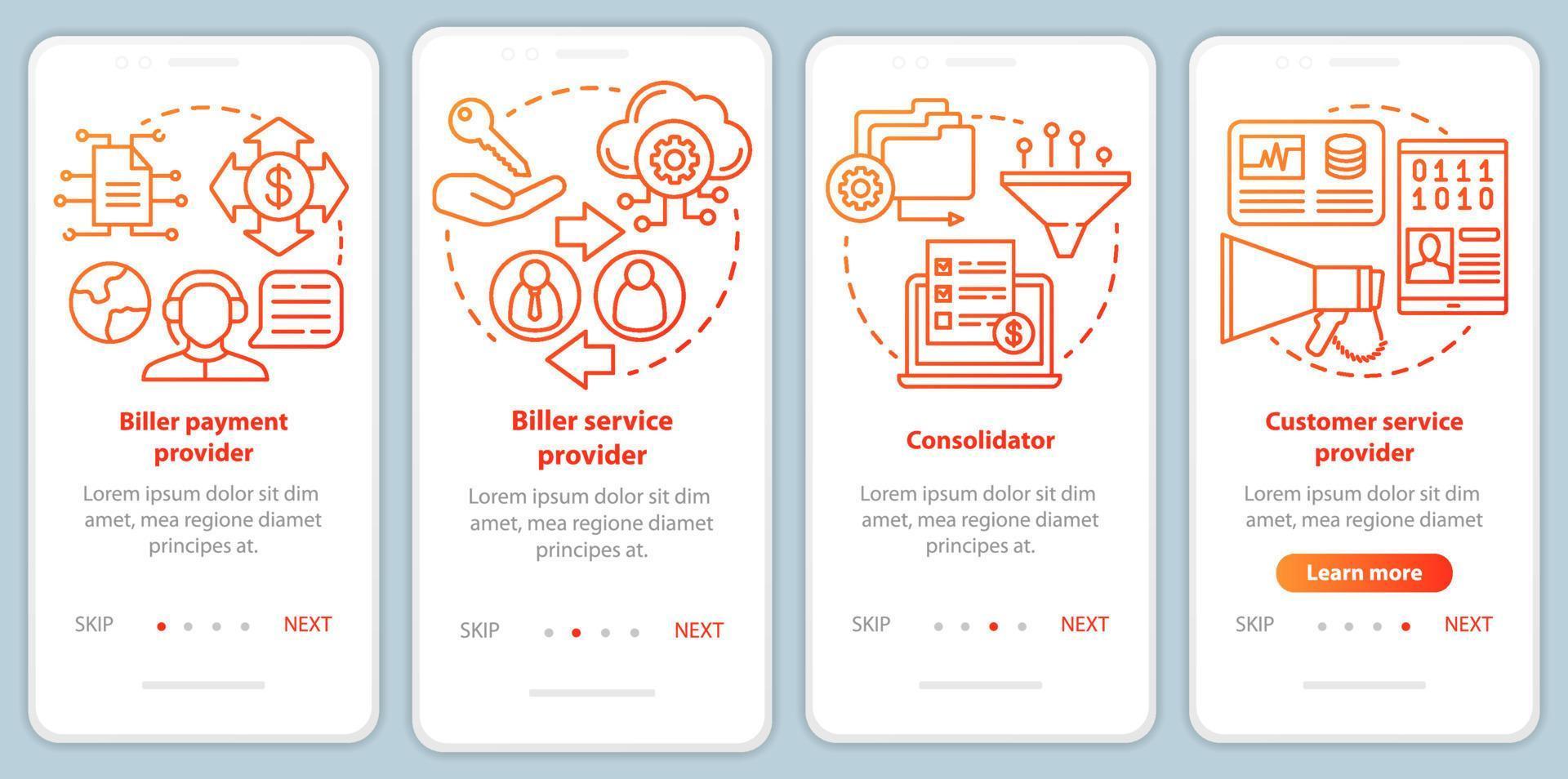 Billing services onboarding mobile app page screen vector template. Biller payment, advice provider. Walkthrough website steps with linear illustrations. UX, UI, GUI smartphone interface concept