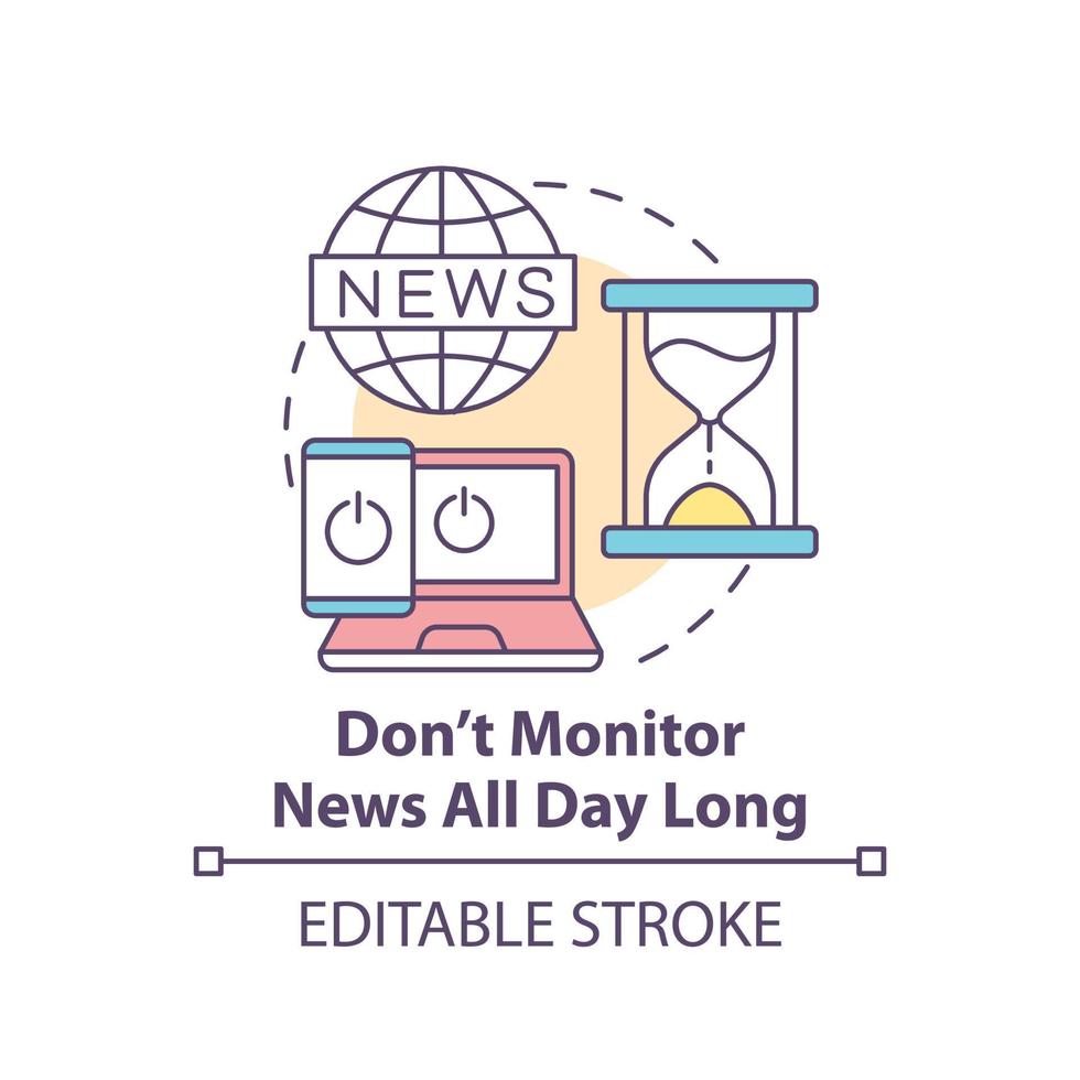 Dont monitor news all day long concept icon. Dealing with emotions during war abstract idea thin line illustration. Isolated outline drawing. Editable stroke. vector