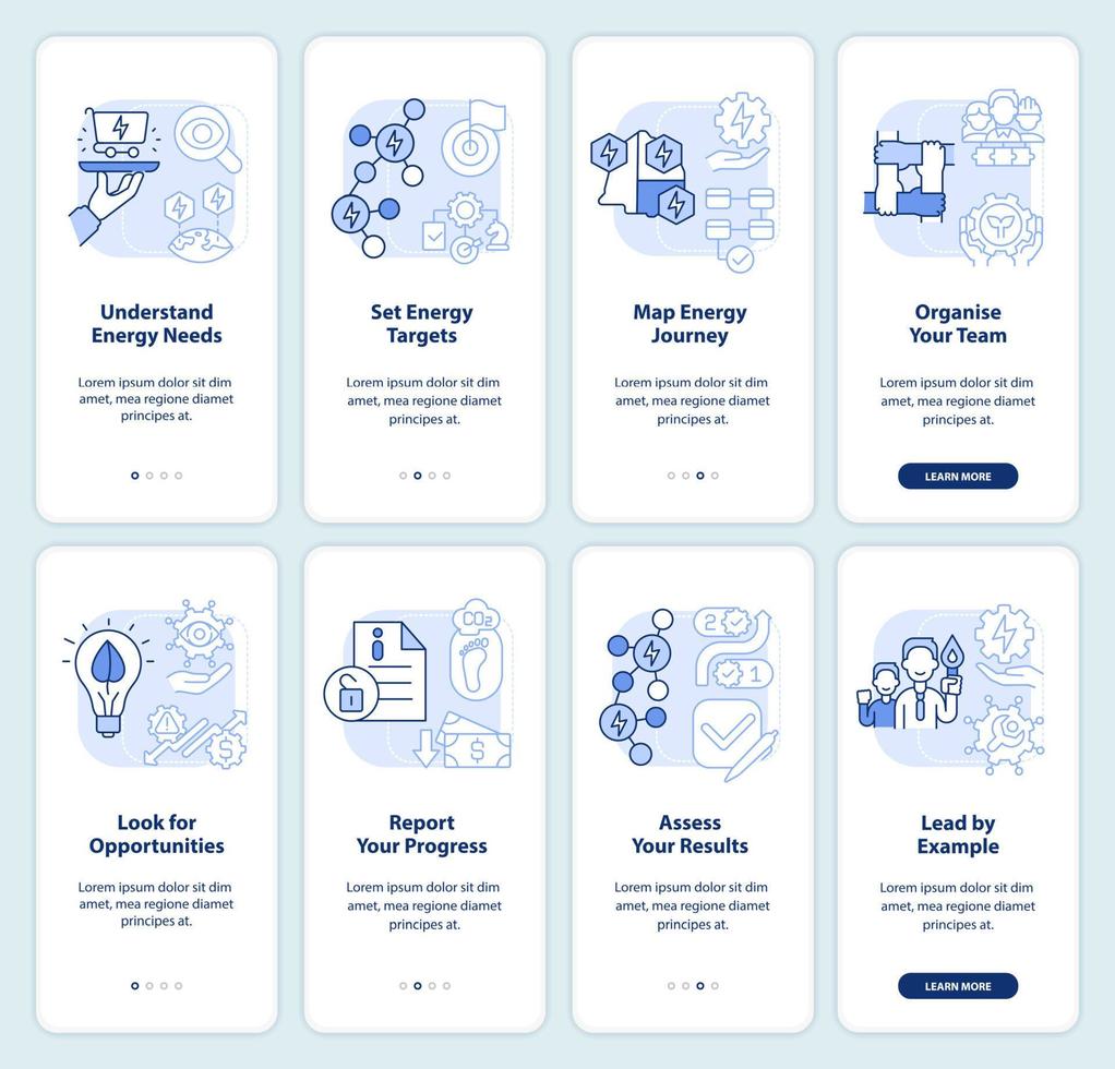Management of energy use blue light onboarding mobile app screen set. Walkthrough 4 steps graphic instructions pages with linear concepts. UI, UX, GUI template. vector