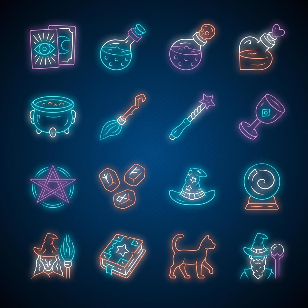 Magic neon light icons set. Witchcraft, sorcery Halloween items. Occult, gypsy rituals tools. Fortune telling, divination. Superstitions, predictions. Glowing signs. Vector isolated illustrations