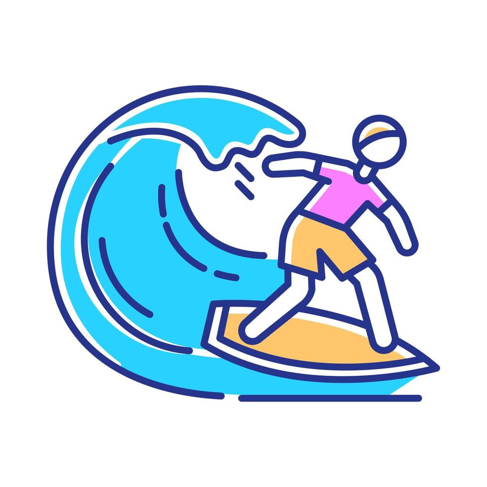 Surfing color icon. Watersport, extreme kind of sport. Catching ocean wave, surfer balancing on board. Man in swimwear on beach. Summer activity and hobby. Isolated vector illustration..