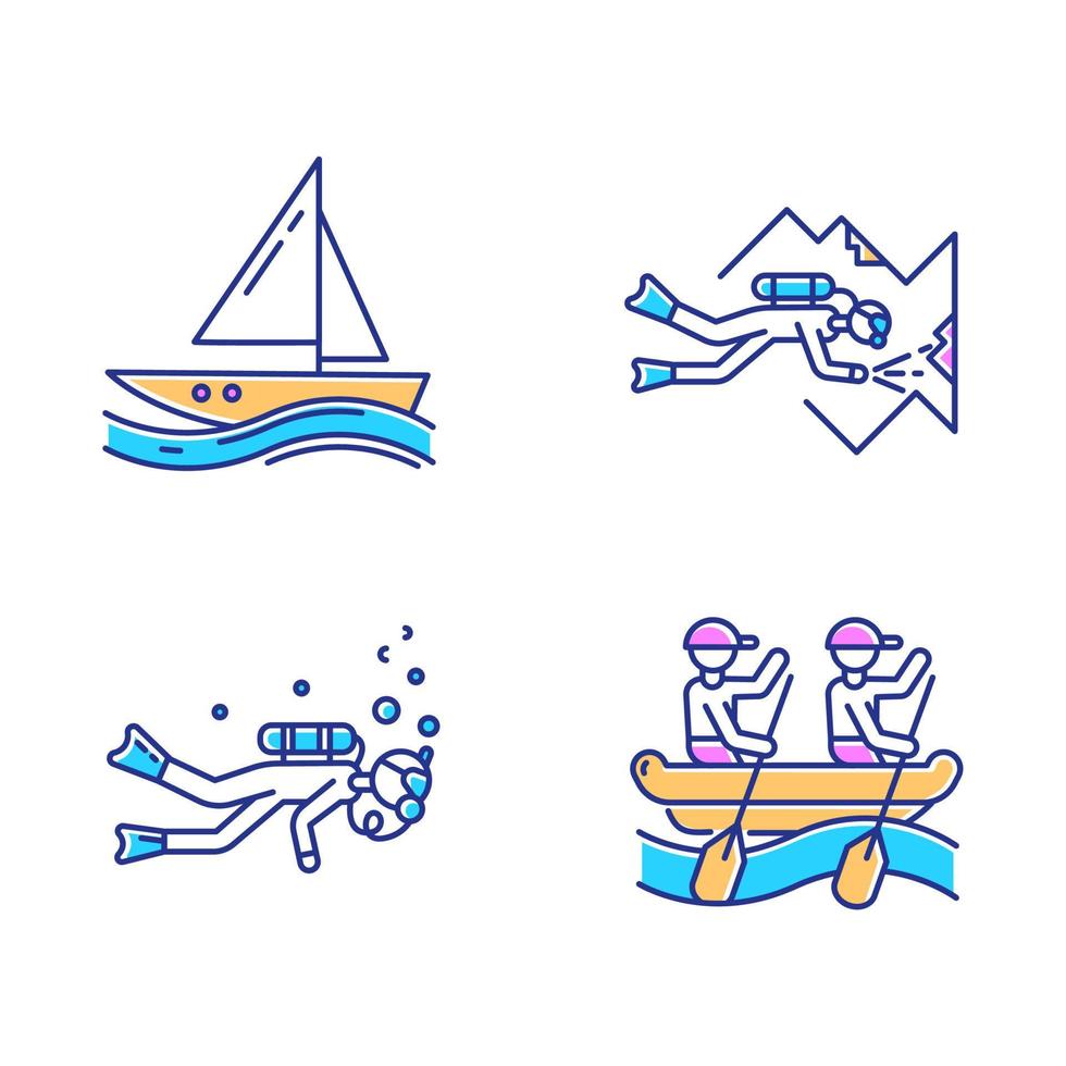 conjunto de iconos de colores de deportes acuáticos. buceo en cuevas, vela y rafting. tipos de deportes extremos. vacaciones de verano, aventura y hobby, actividades en la playa. bucear con equipo de buceo. ilustraciones de vectores aislados