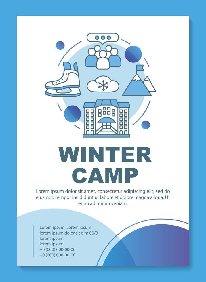 campamento de actividades de invierno, diseño de plantilla de folleto de resort de vacaciones. folleto, folleto, diseño de impresión de folleto con ilustraciones lineales. diseños de páginas vectoriales para revistas, informes anuales, carteles publicitarios vector