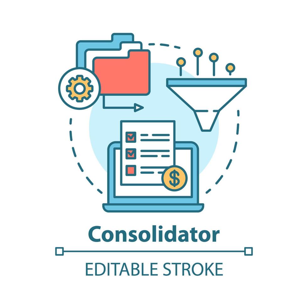 Consolidator concept icon. Billing idea thin line illustration. Combining orders. Debt consolidation. E commerce. Financial service. Vector isolated outline drawing. Editable stroke