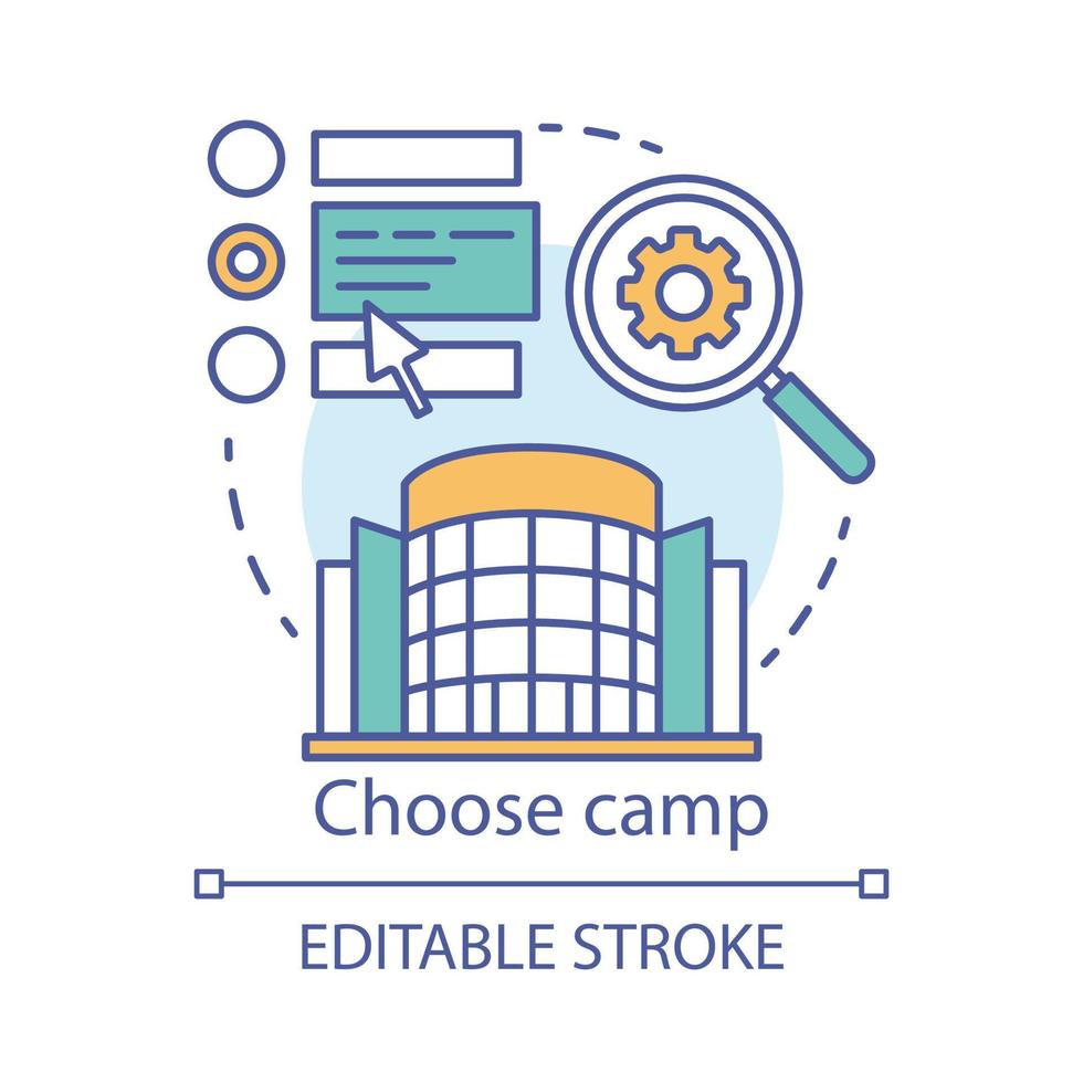 Choose camp concept icon. Holiday resort, interest club application idea thin line illustration. Different summer camp variants research, information. Vector isolated outline drawing. Editable stroke