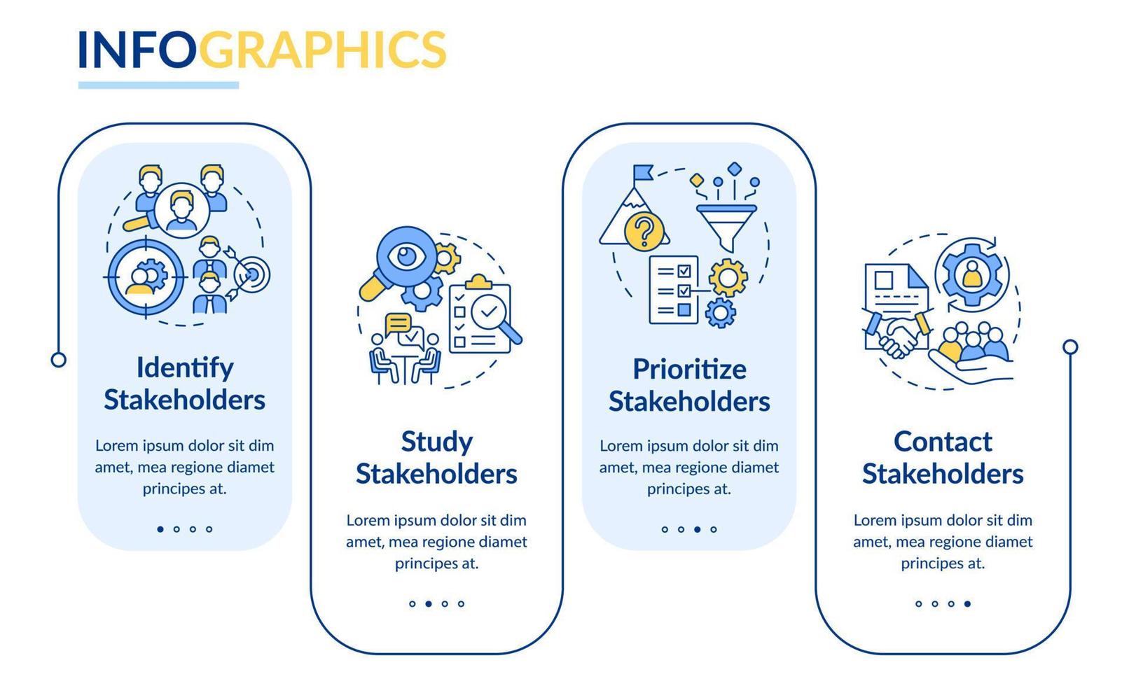 pasos de la plantilla de infografía de rectángulo de relaciones con las partes interesadas. visualización de datos con 4 pasos. gráfico de información de la línea de tiempo del proceso. diseño de flujo de trabajo con iconos de línea. vector