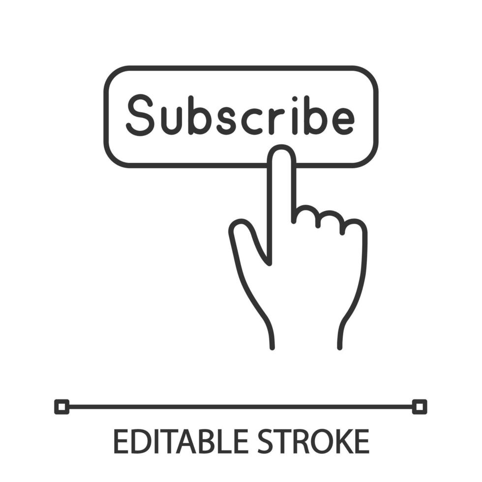 Subscribe button click linear icon. Thin line illustration. Subscription. Social media app. Hand pressing button. Contour symbol. Vector isolated outline drawing. Editable stroke