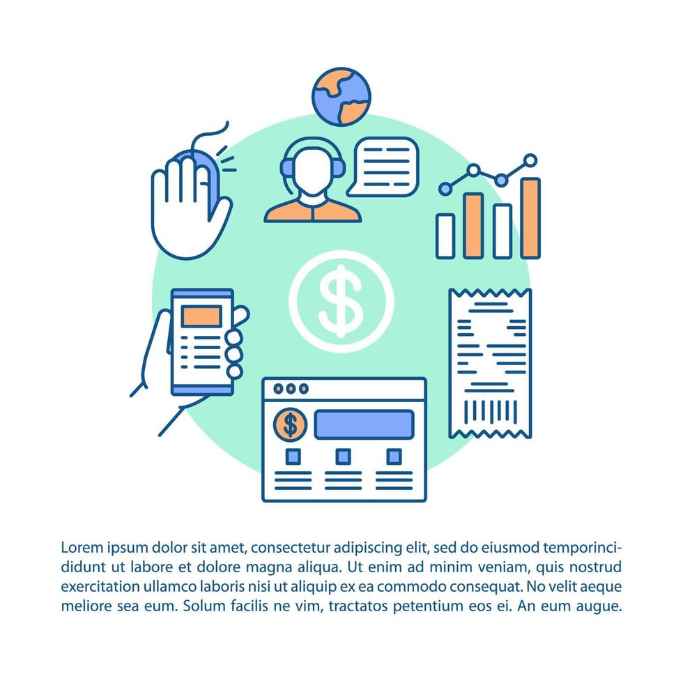 Billing service article page vector template. Customer support. Brochure, magazine, booklet design element with linear icons and text boxes. Print design. Concept illustrations with text space