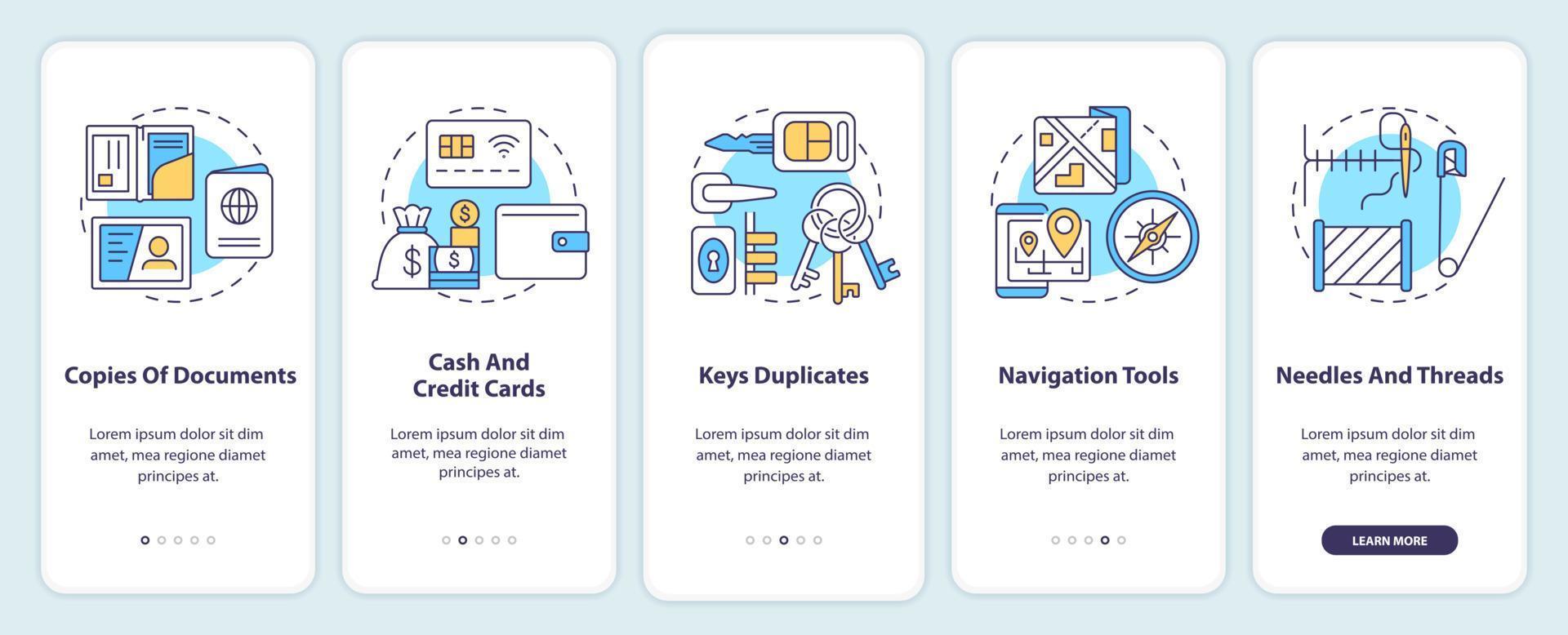 Essential things to pack onboarding mobile app screen. War actions walkthrough 5 steps graphic instructions pages with linear concepts. UI, UX, GUI template. vector