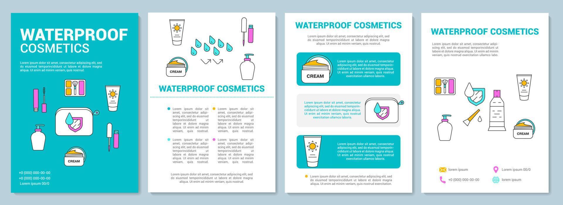 cosméticos a prueba de agua, diseño de plantilla de folleto de productos de maquillaje. folleto, folleto, diseño de impresión de folleto con ilustraciones lineales. diseños de página vectorial para revistas, informes anuales, carteles publicitarios... vector