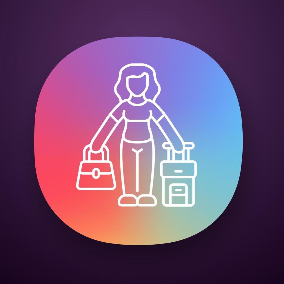 icono de la aplicación de mujer inmigrante. viajero, turista, pasajero con bolso y maleta. viajar al exterior. viaje turístico. interfaz de usuario ui ux. aplicación web o móvil. ilustración vectorial aislada vector