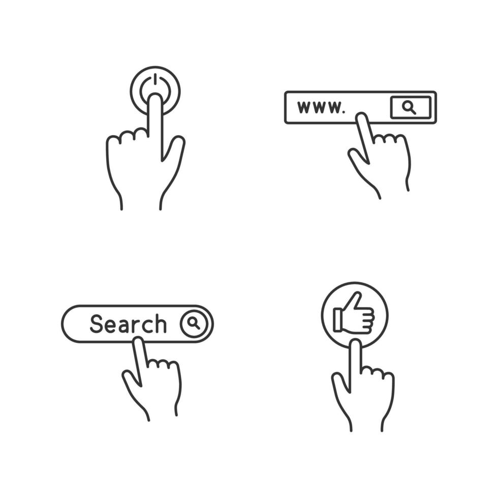 App buttons linear icons set. Click. Power, search bar, like. Thin line contour symbols. Isolated vector outline illustrations. Editable stroke