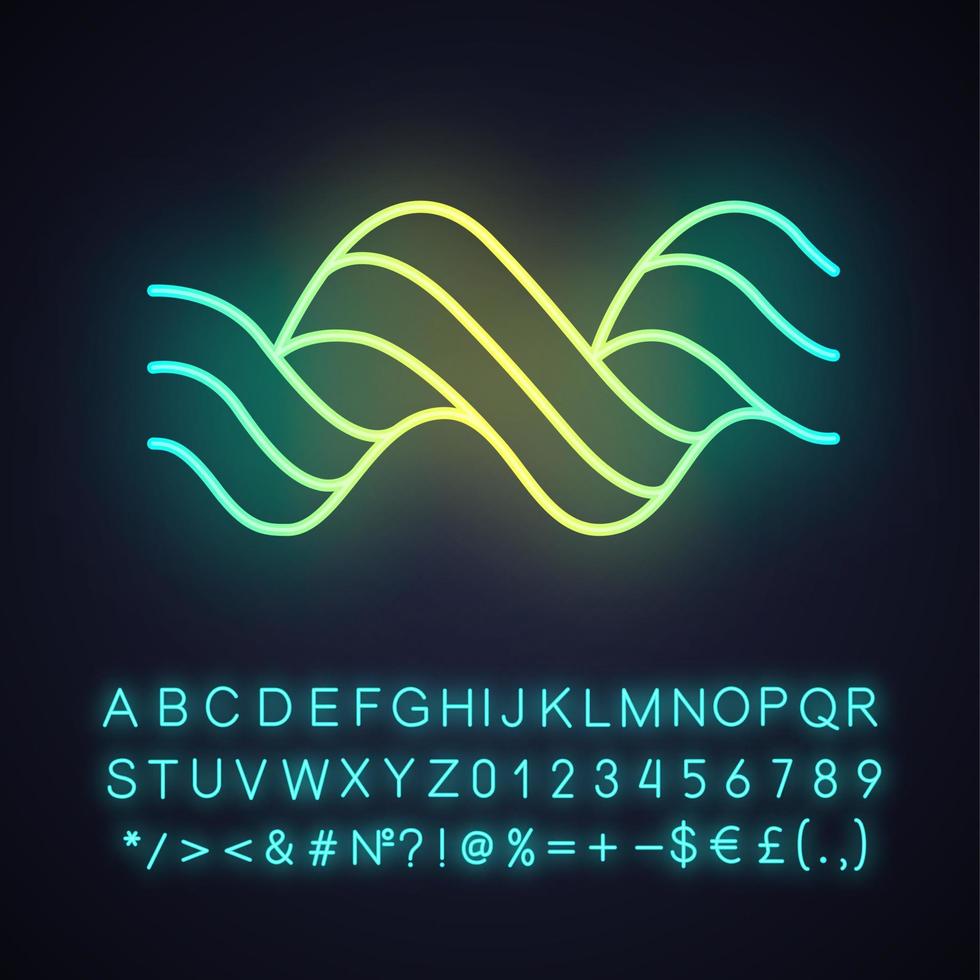 Sound spiral wave neon light icon. Music rhythm, audio curled soundwave. Wavy line. Spectrum, vibration, noise curve. Glowing sign with alphabet, numbers and symbols. Vector isolated illustration