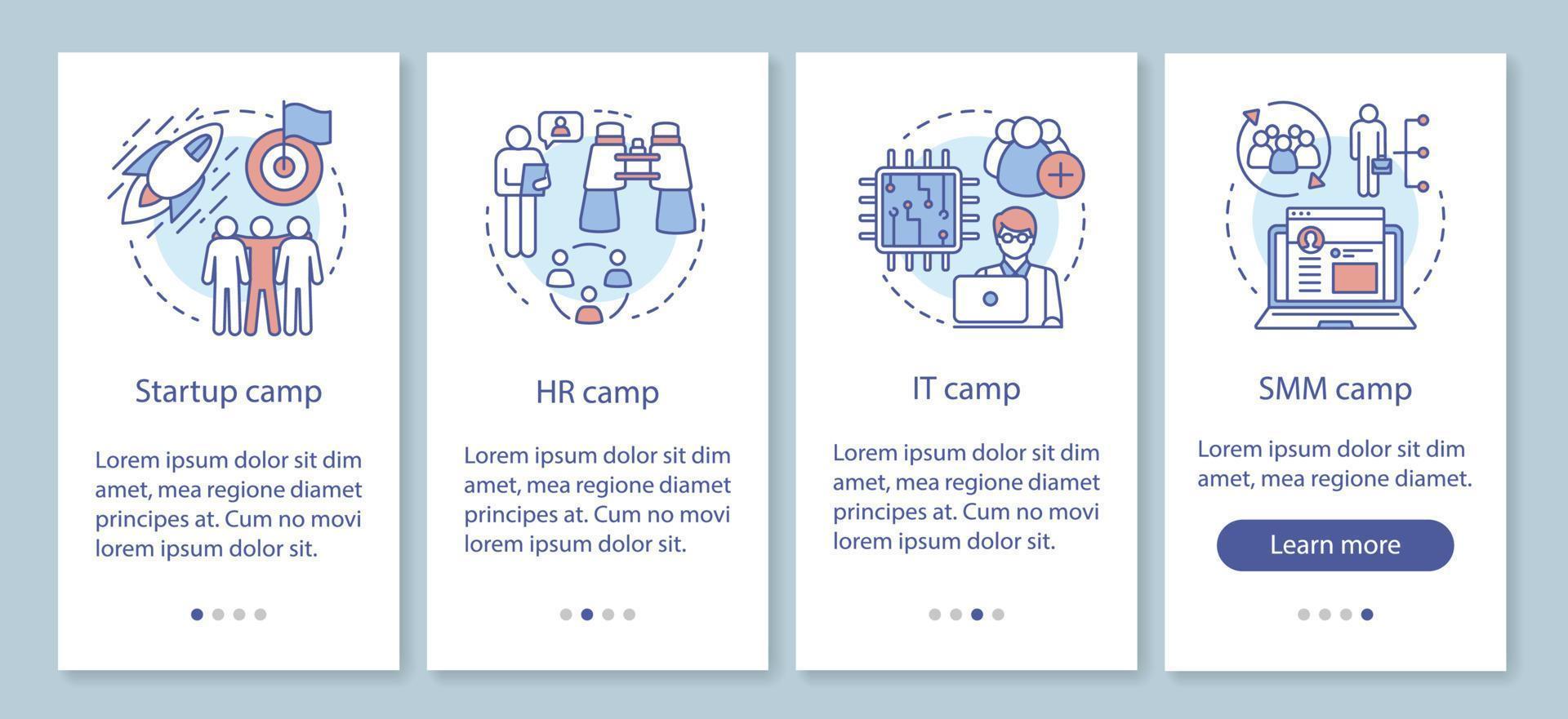 Startup, company camps onboarding mobile app page screen with linear concepts. Team building, HR training walkthrough steps graphic instructions. UX, UI, GUI vector template with illustrations