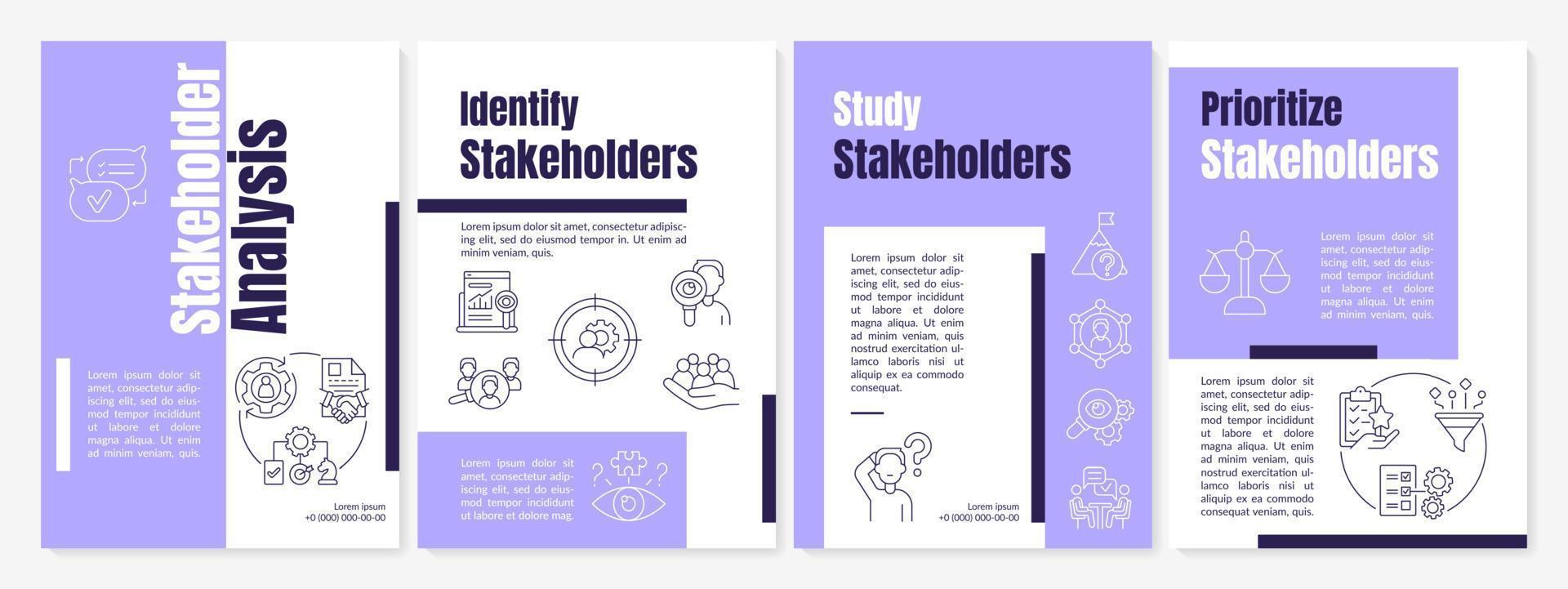 Stakeholder analysis purple brochure template. Stakeholders mapping. Leaflet design with linear icons. 4 vector layouts for presentation, annual reports.