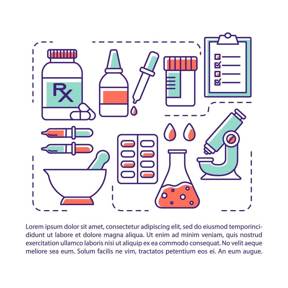 Pharmaceutical industry article page vector template. Drug retail. Brochure, magazine, booklet design element with linear icons and text boxes. Print design. Concept illustrations with text space