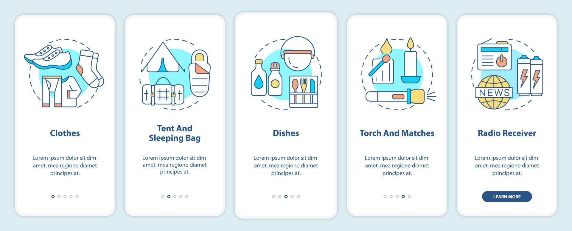 cosas para poner en la pantalla de la aplicación móvil de incorporación de la mochila sobreviviente. tutorial de artículos 5 pasos páginas de instrucciones gráficas con conceptos lineales. interfaz de usuario, ux, plantilla de interfaz gráfica de usuario. vector