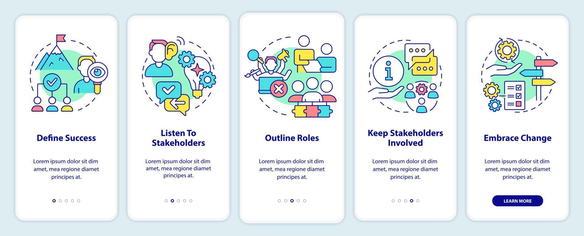 Effective stakeholder management onboarding mobile app screen. Walkthrough 5 steps graphic instructions pages with linear concepts. UI, UX, GUI template. vector