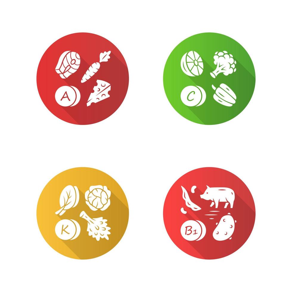 conjunto de iconos de glifo de sombra larga de diseño plano de vitaminas. a, c, b1, k vitaminas fuente de alimento natural. verduras, verduras comestibles, productos lácteos. minerales, antioxidantes. ilustración de silueta vectorial vector