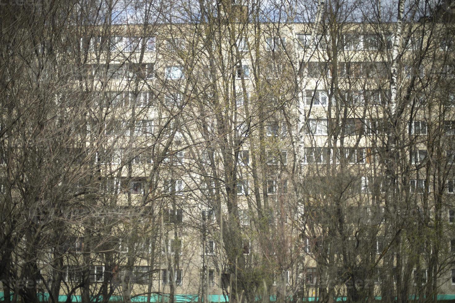Lots of trees in front of house. Urban view in Russia. photo