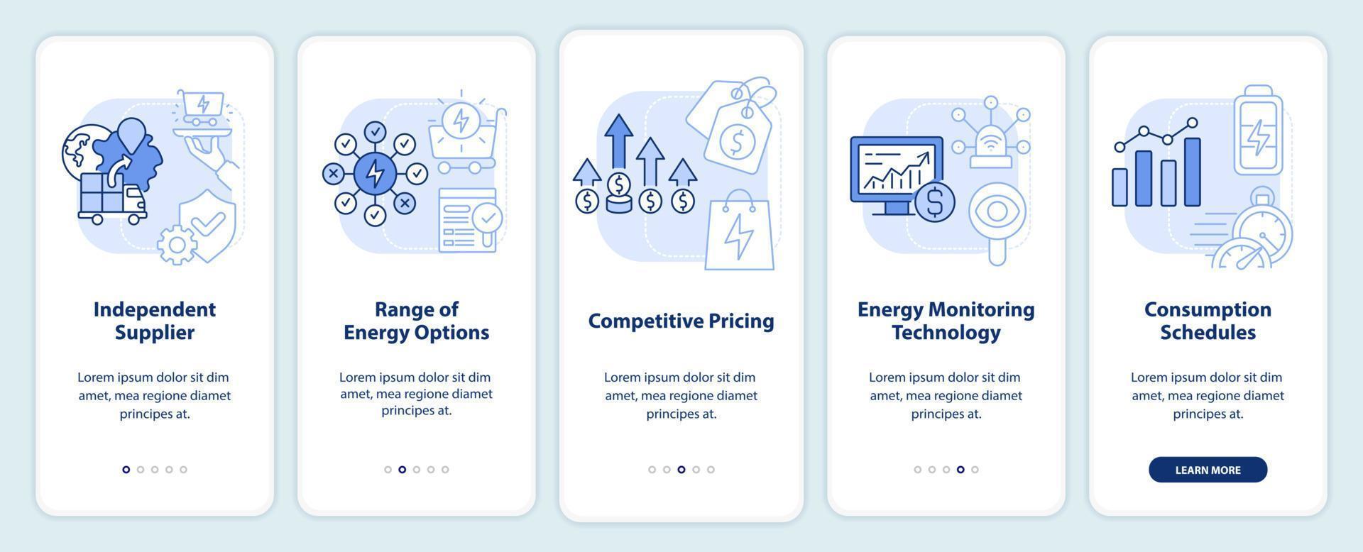 Energy strategy essentials blue light onboarding mobile app screen. Walkthrough 5 steps graphic instructions pages with linear concepts. UI, UX, GUI template. vector