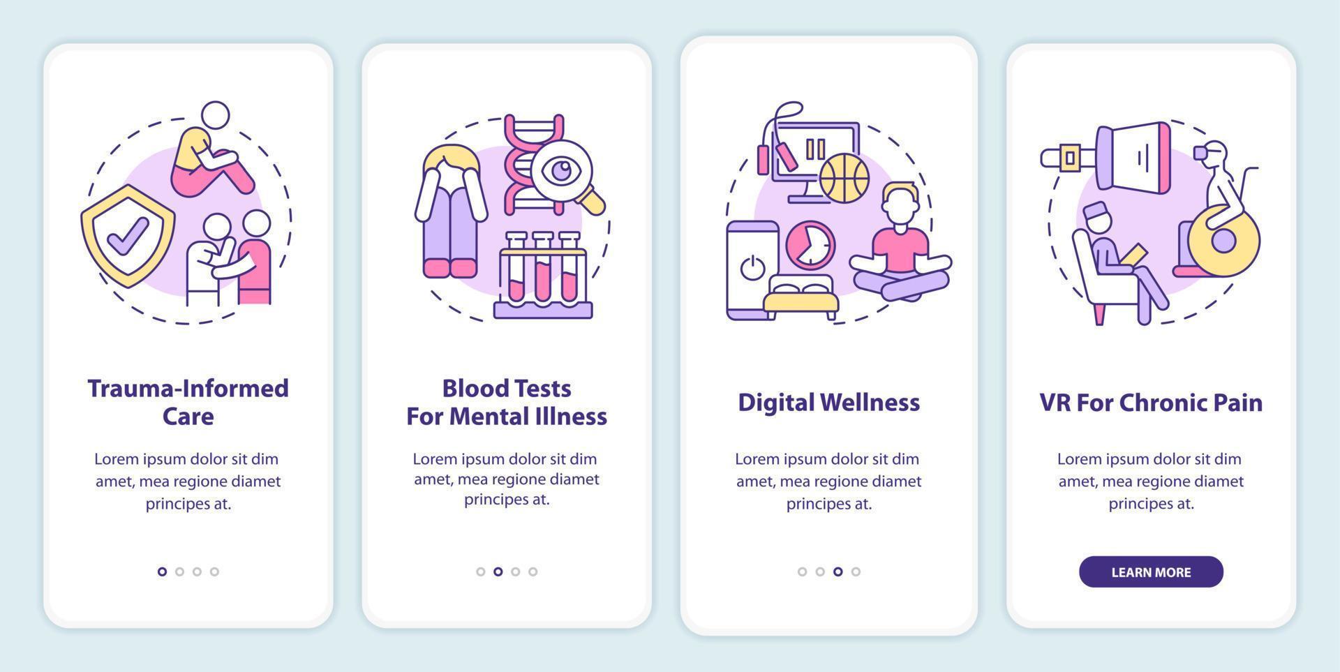 Tendencias de salud mental incorporando la pantalla de la aplicación móvil. tutorial de psicoterapia 4 pasos páginas de instrucciones gráficas con conceptos lineales. interfaz de usuario, ux, plantilla de interfaz gráfica de usuario. vector