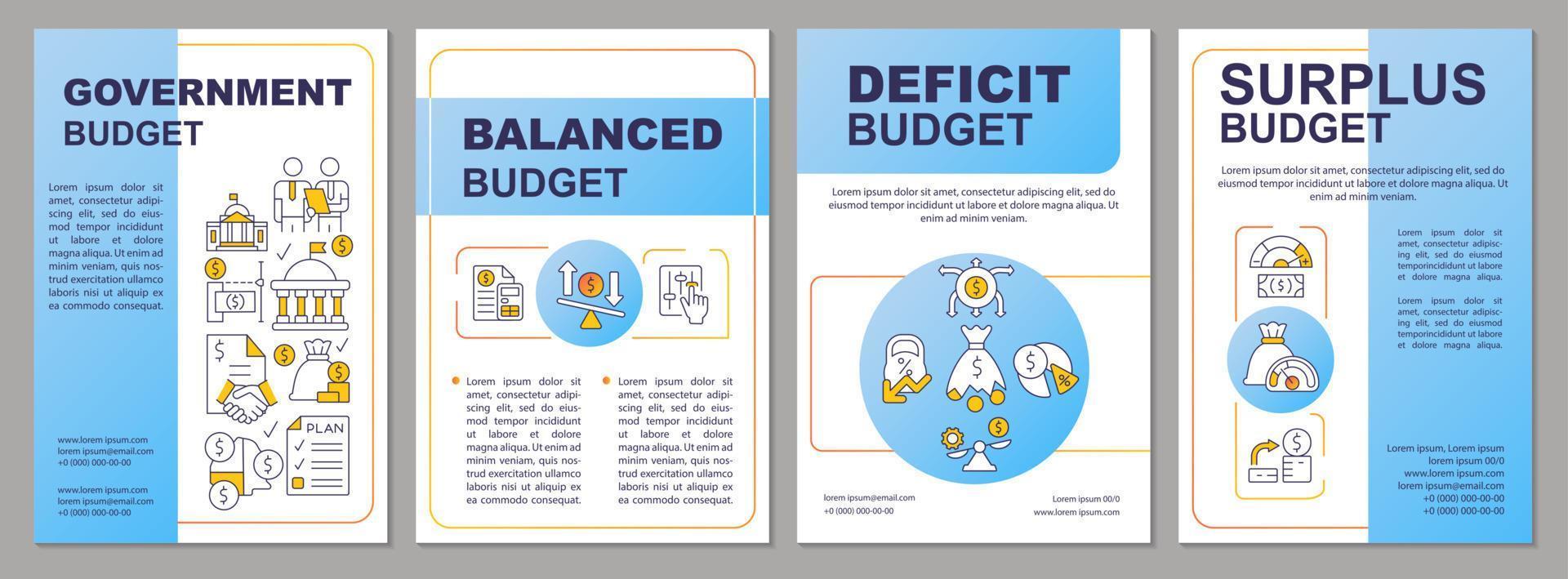 Government budget types blue brochure template. National budgeting. Leaflet design with linear icons. 4 vector layouts for presentation, annual reports.