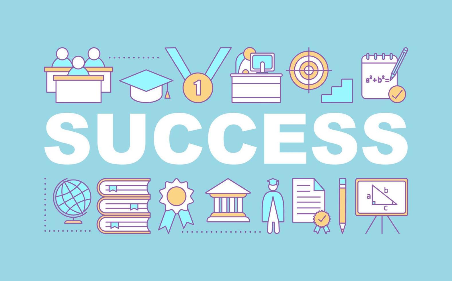 Success word concepts banner. Education. Goal achieving. Isolated lettering typography idea with linear icons. Gaining knowledge. Skill improvement. Vector outline illustration