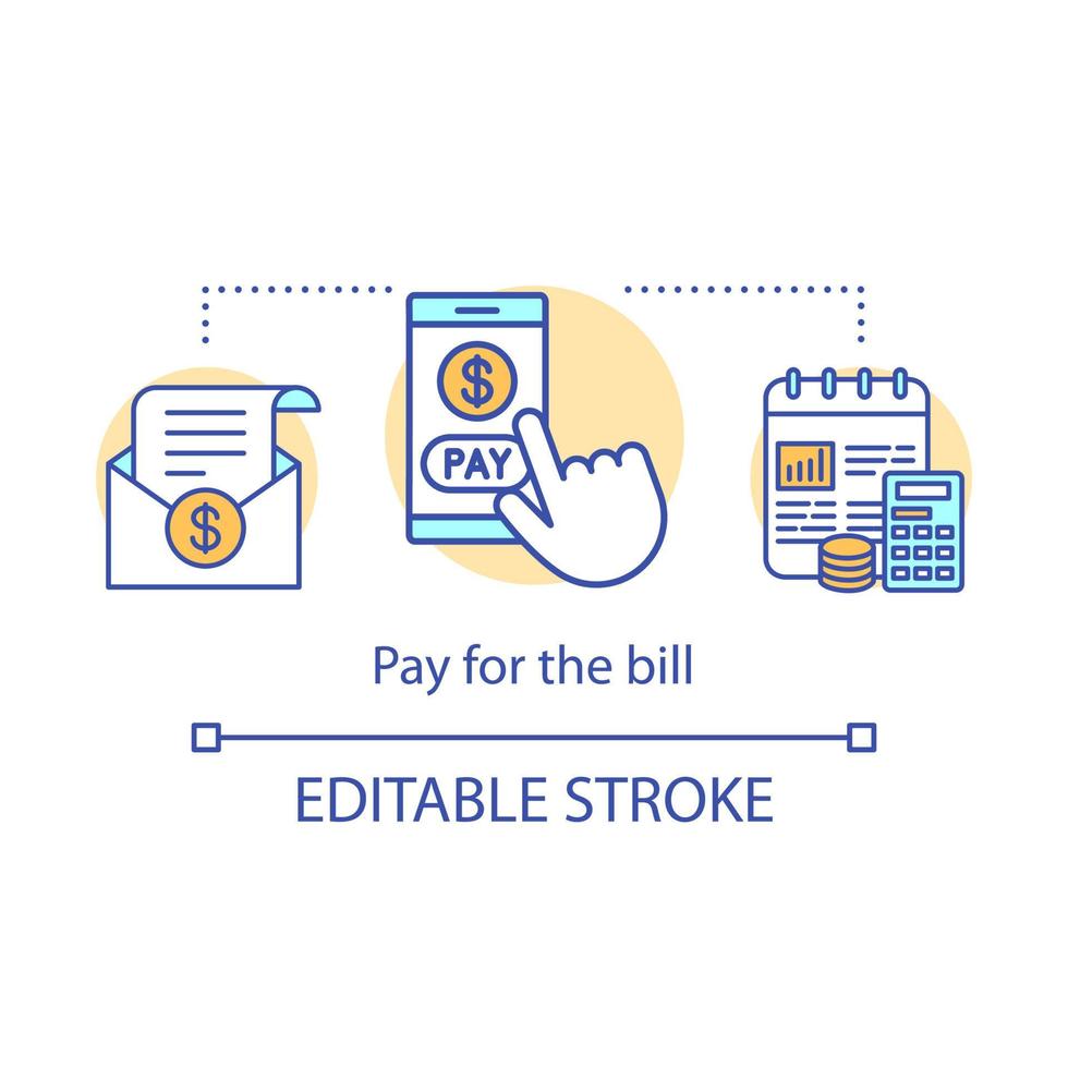 Pay for bill concept icon. Online billing services, banking application idea thin line illustration. Cash free money transfer, tax payment. Vector isolated outline drawing. Editable stroke