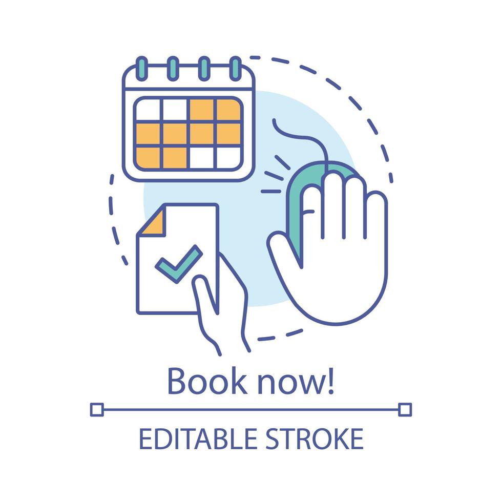 Book now concept icon. Holiday resort, interest club online booking website idea thin line illustration. Summer camp application, signup webpage. Vector isolated outline drawing. Editable stroke