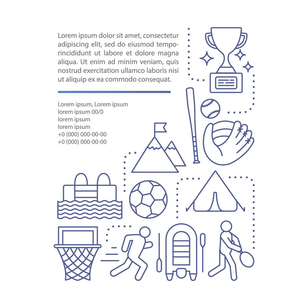 Children sport camp article page vector template. Brochure, magazine, booklet design element with linear icons and text boxes. Print design. Concept illustrations with text space