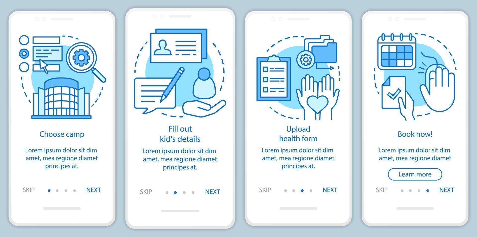 Camp booking onboarding mobile app page screen with linear concepts.Child holiday vacation reserving walkthrough steps graphic instructions. UX, UI, GUI vector template with illustrations