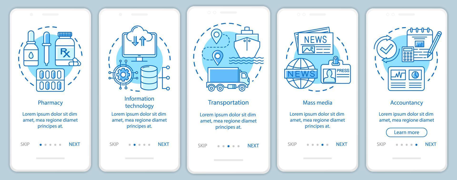 industrias de servicios que incorporan la pantalla de la página de la aplicación móvil con conceptos lineales. medios, tecnología de la información. instrucciones gráficas de cinco pasos de tutorial. ux, ui, plantilla de vector de interfaz gráfica de usuario con ilustraciones