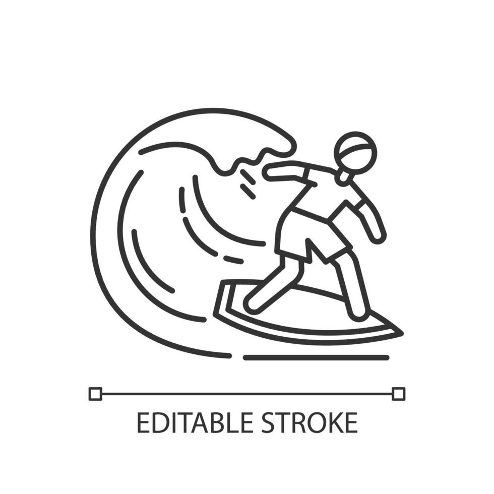 Surfing linear icon. Thin line illustration. Watersport, extreme kind of sport. Catching ocean wave, surfer balancing on board. Contour symbol. Vector isolated outline drawing. Editable stroke