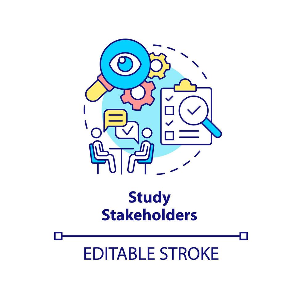 Study stakeholders concept icon. Examine investors. Step of stakeholder relations abstract idea thin line illustration. Isolated outline drawing. Editable stroke. vector