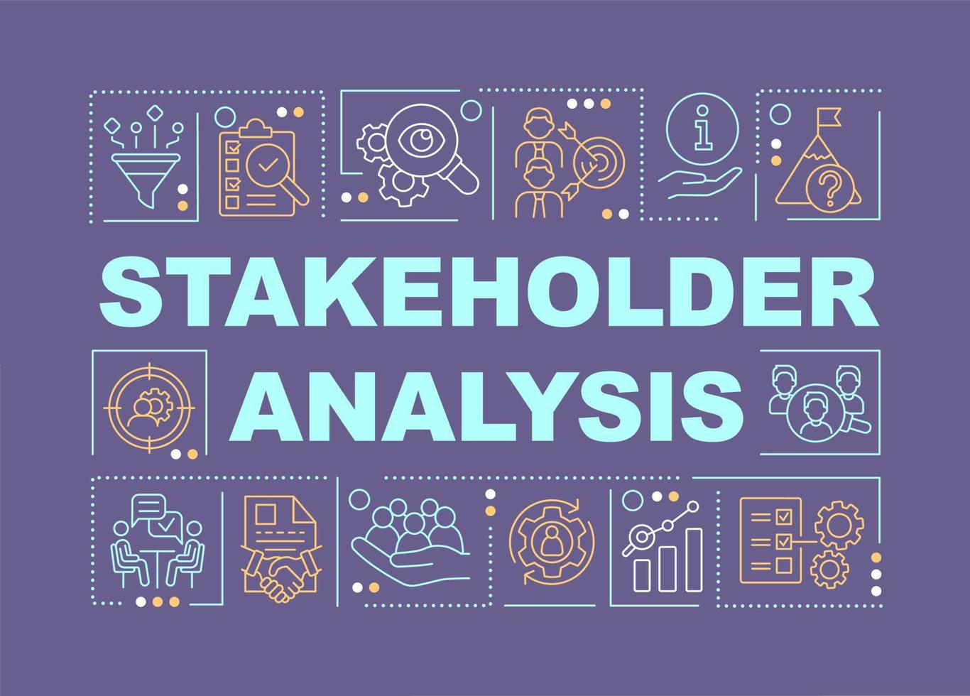 Stakeholder analysis word concepts purple banner. Potential partners. Infographics with icons on color background. Isolated typography. Vector illustration with text.