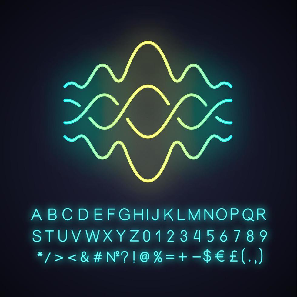 Abstract fluid overlapping waves neon light icon. Music, melody rhythm. Digital soundwave, flowing waveform. Glowing sign with alphabet, numbers and symbols. Vector isolated illustration