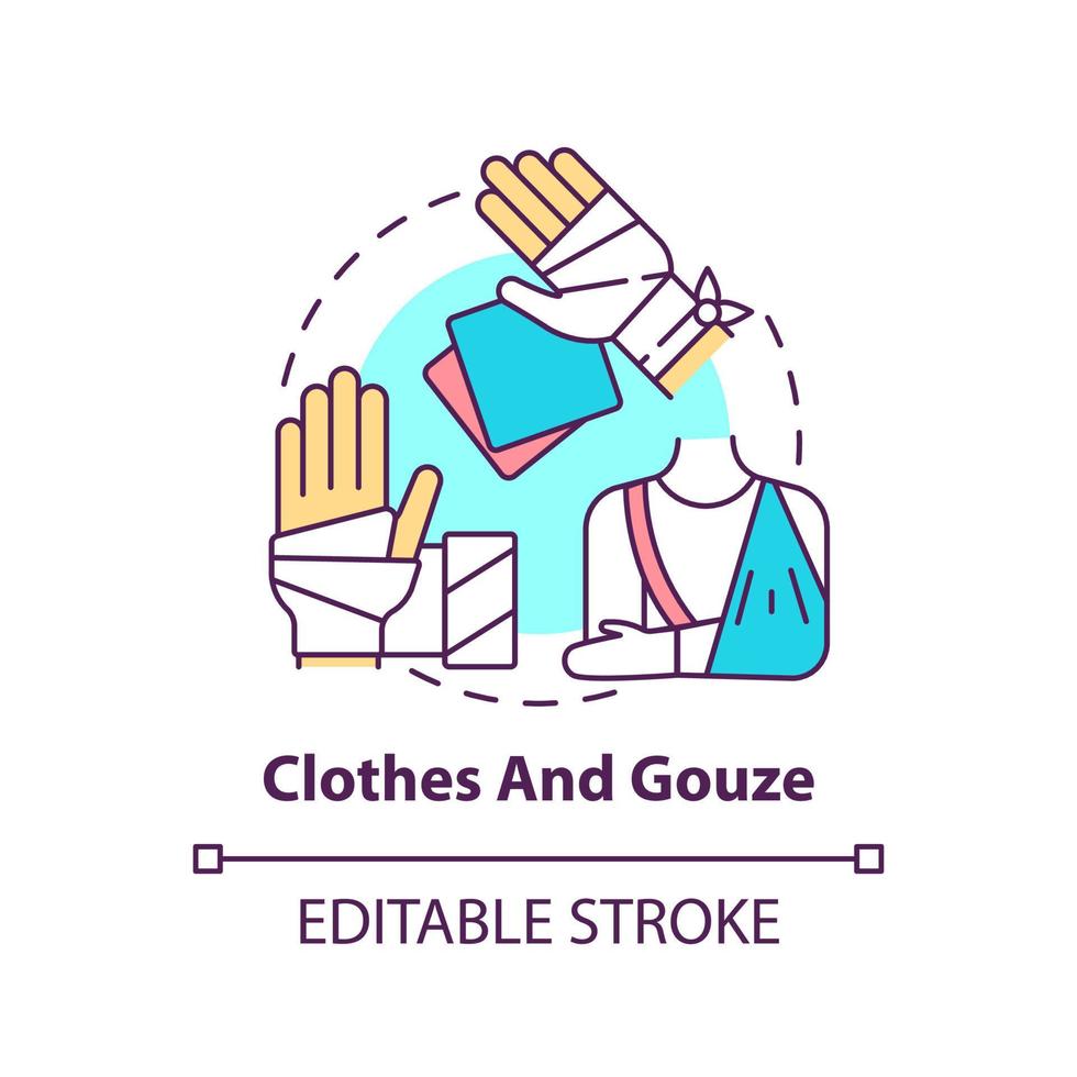 Clothes and gauze concept icon. First aid kit components. Action during war abstract idea thin line illustration. Isolated outline drawing. Editable stroke. vector