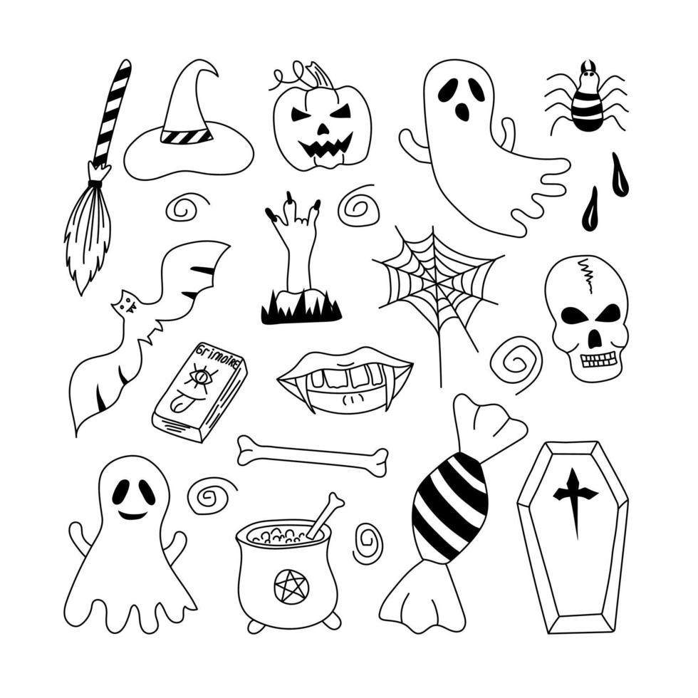 Halloween elements in doodle style set vector