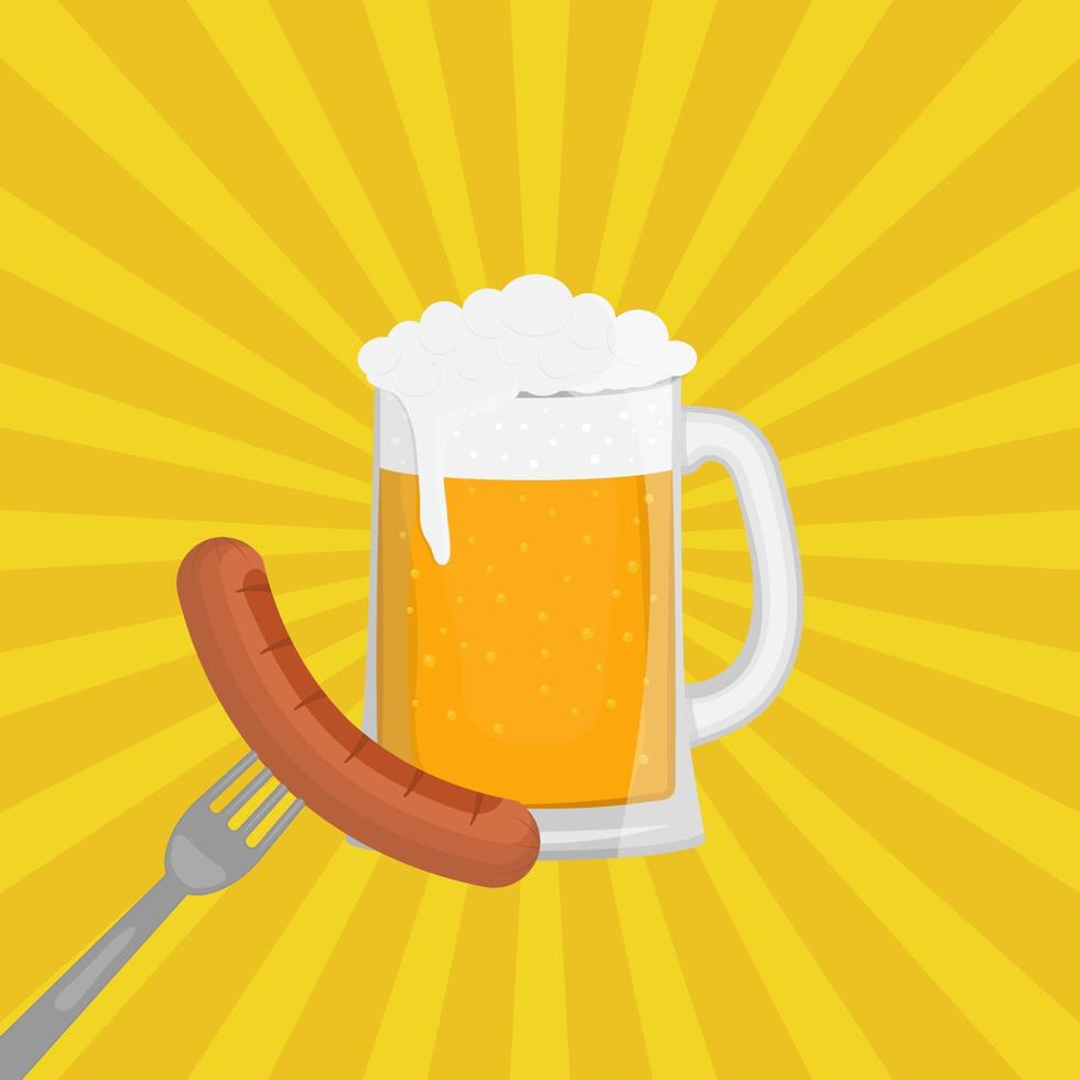 Oktoberfest vector background with yellow rays. Beer and sausage on a fork.